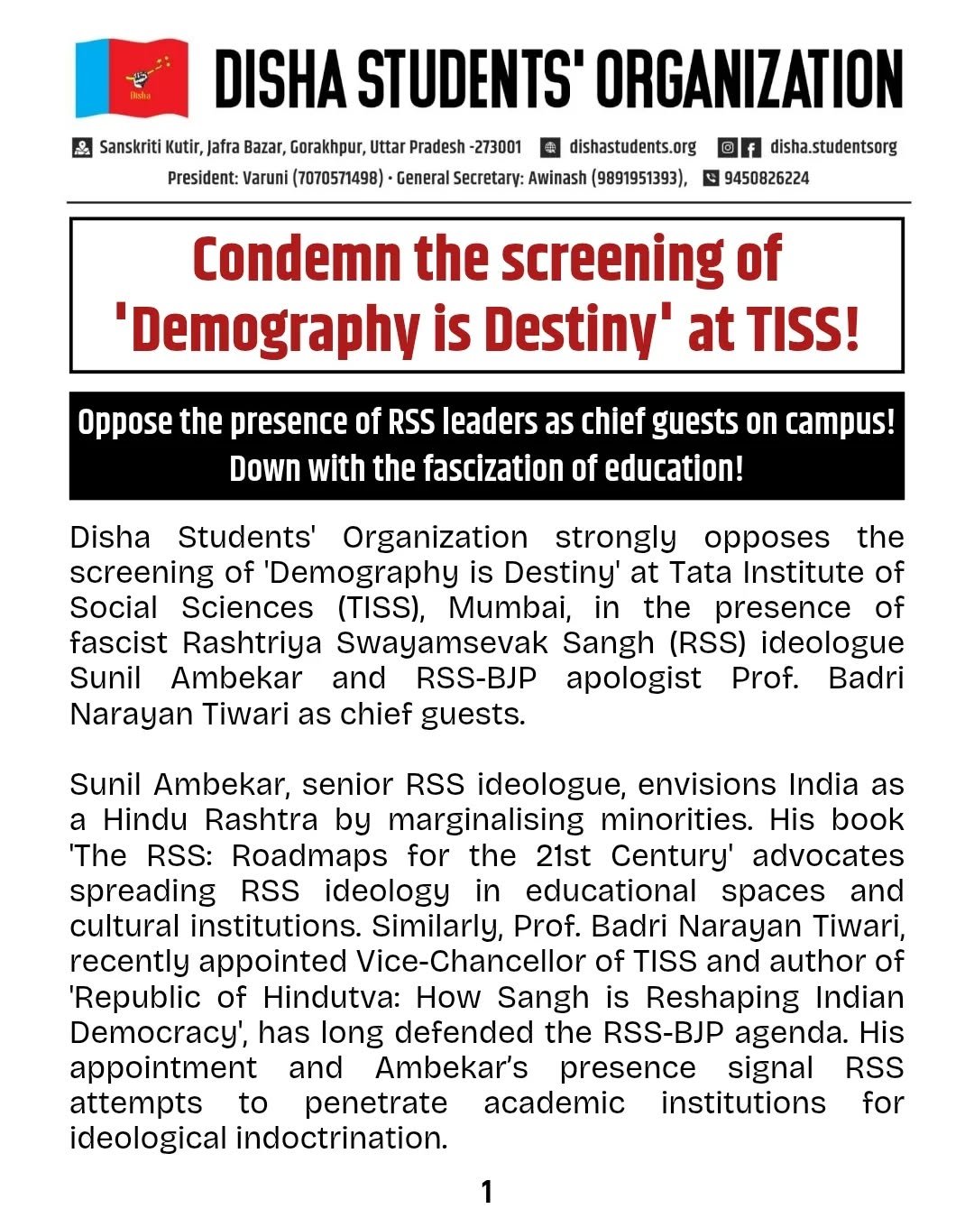 Condemn the screening of ‘Demography is Destiny’ at TISS!