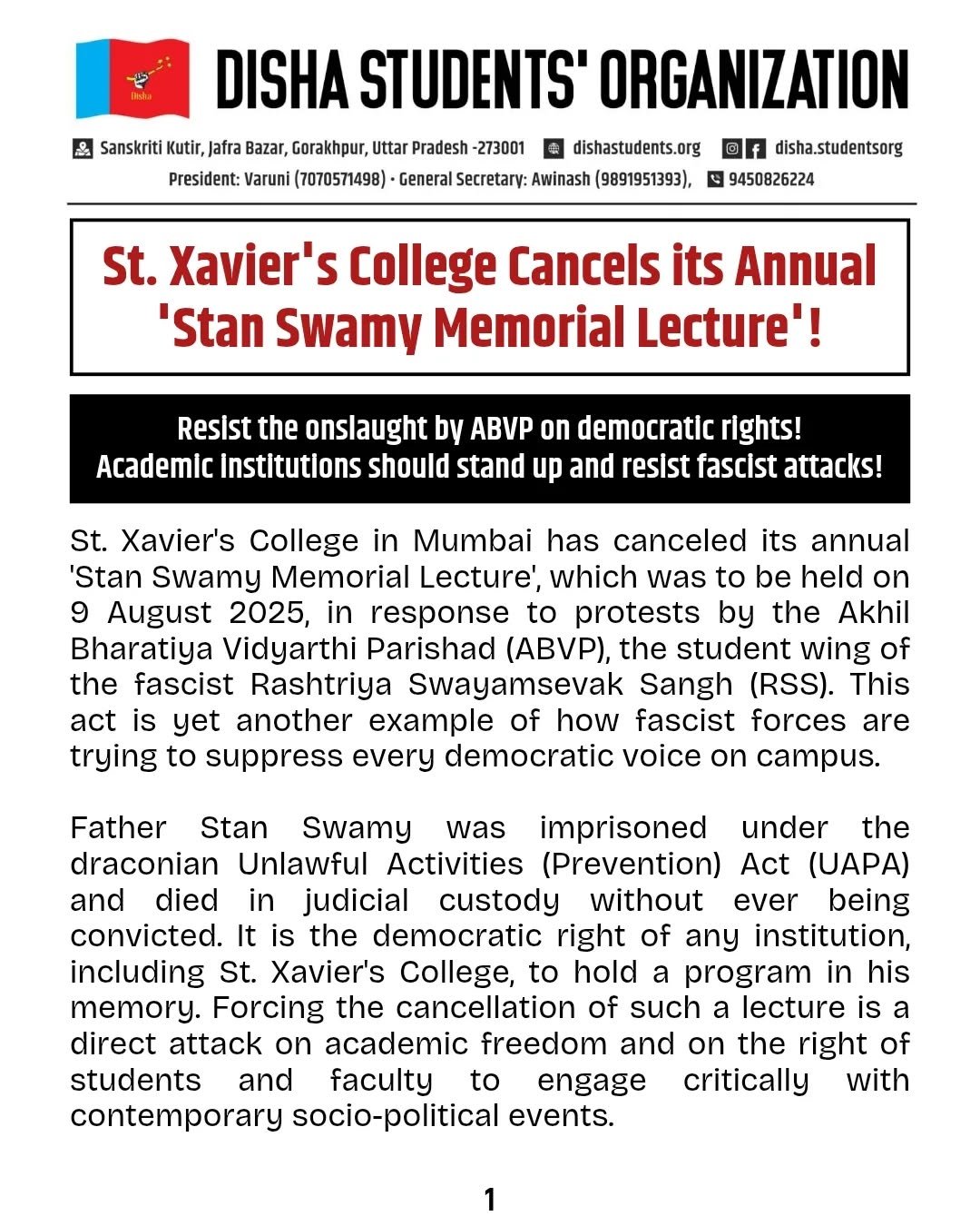St. Xavier’s College Cancels its Annual ‘Stan Swamy Memorial Lecture’!